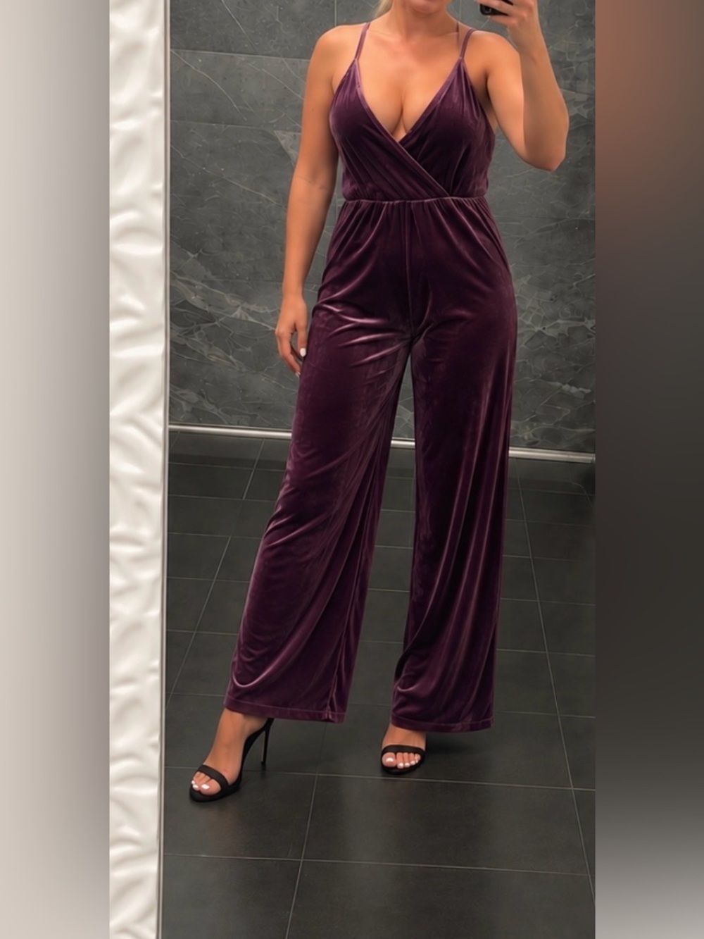 Eyeshadow Shiny Plum V-Neck Pant Jumpsuit